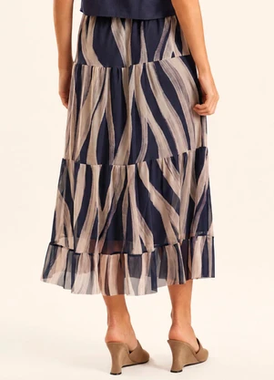 Doce Trama - Saia Midi Evasê em Tule Estampado Duna Azul - DOCE TRAMA