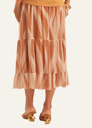 Doce Trama - Saia Midi Evasê em Tule Estampado Duna Marrom - DOCE TRAMA