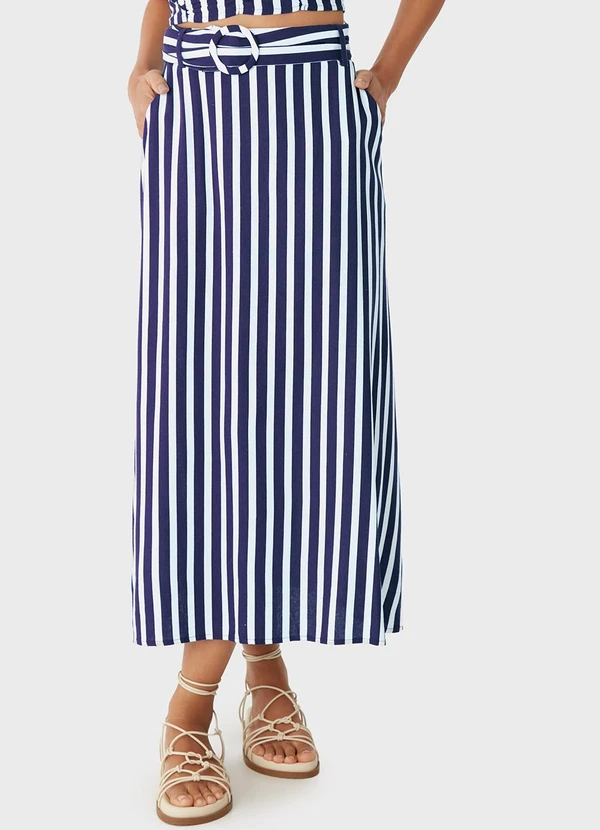Malwee - Saia Mídi Evasê Listrada Azul Marinho