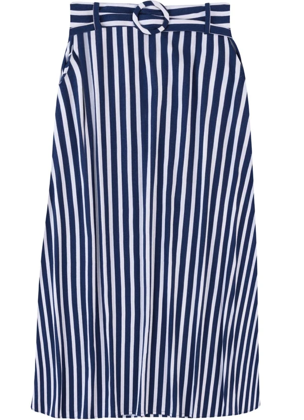 Malwee - Saia Mídi Evasê Listrada Azul Marinho 3