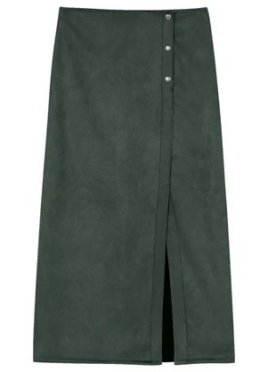 Marialícia - Saia Midi Feminina com Botões e Fenda Verde - MARIALÍCIA