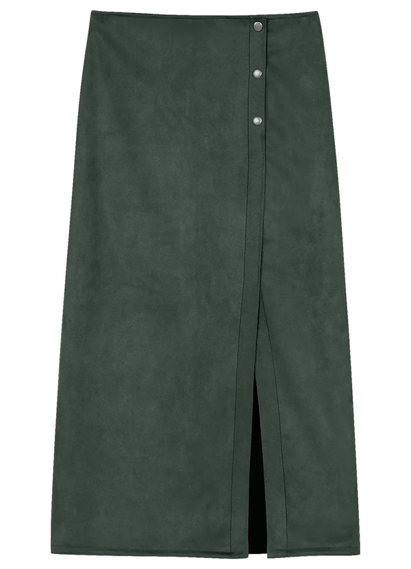 Marialícia - Saia Midi Feminina com Botões e Fenda Verde