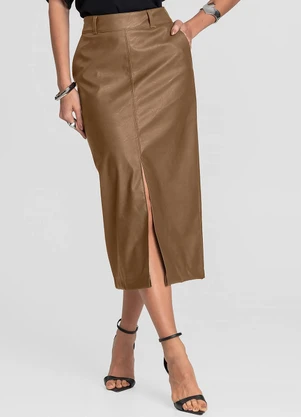 Dianna - Saia Midi Feminina Courino com Fenda Marrom - DIANNA