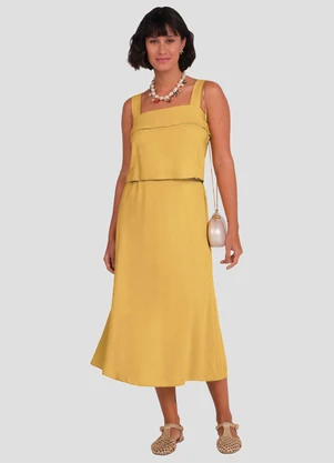 Cereja Rosa - Saia Midi Feminina em Viscose Linho Amarelo - CEREJA ROSA