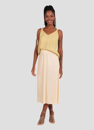 Cereja Rosa - Saia Midi Feminina em Viscose Linho Bege - CEREJA ROSA