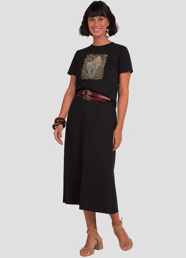 Cereja Rosa - Saia Midi Feminina em Viscose Linho Preto