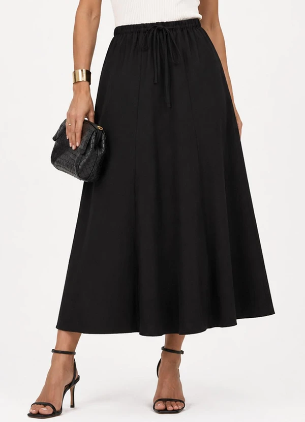 Rovitex - Saia Midi Feminina Evasê em Viscolinho Preto