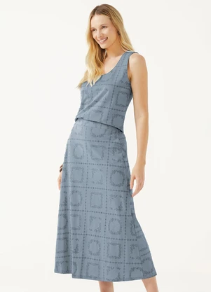 Marialícia - Saia Midi Feminina Floral Devorê Azul - MARIALÍCIA