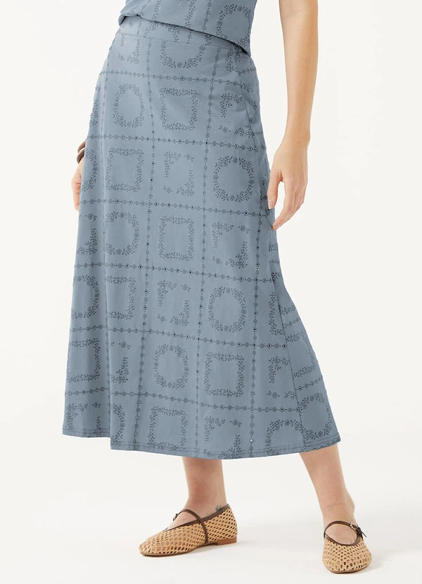 Marialícia - Saia Midi Feminina Floral Devorê Azul