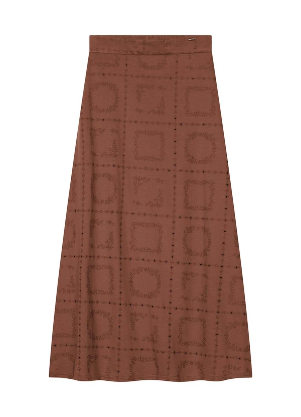Marialícia - Saia Midi Feminina Floral Devorê Marrom