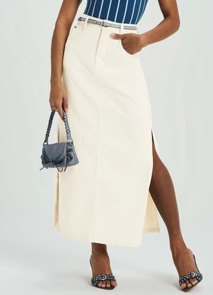 Marialícia - Saia Midi Feminina Jeans com Fendas Bege - MARIALÍCIA