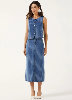 Marialícia - Saia Midi Feminina Jeans Listrada Azul - MARIALÍCIA