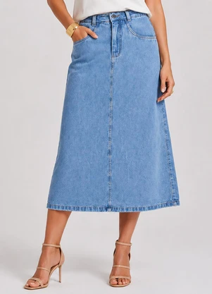 Rovitex - Saia Midi Feminina Jeans Reta sem Fenda Azul - ROVITEX