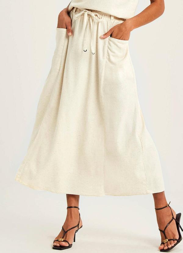 Marialícia - Saia Midi Feminina Linho com Bolsos Bege