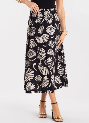 Rovitex - Saia Midi Feminina Meia Malha Estampada Preto - ROVITEX
