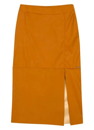 Marialícia - Saia Midi Feminina Resinada com Fenda Marrom - MARIALÍCIA