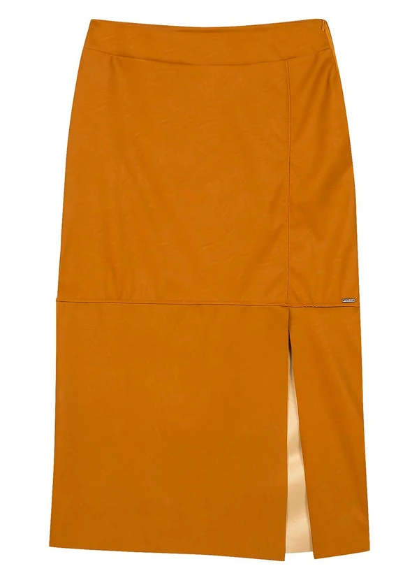 Marialícia - Saia Midi Feminina Resinada com Fenda Marrom