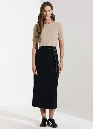 Veev - Saia Midi Feminina Ribana Poliamida Maxi Preto - VEEV