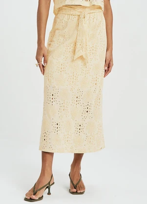 Marialícia - Saia Midi Feminina Tropical Devorê Bege - MARIALÍCIA