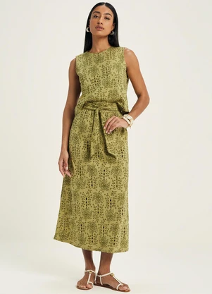 Marialícia - Saia Midi Feminina Tropical Devorê Verde - MARIALÍCIA
