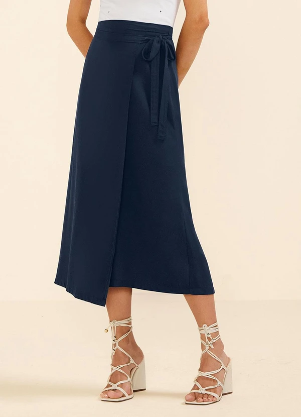 Marialícia - Saia Midi Feminina Viscose Transpassada Azul