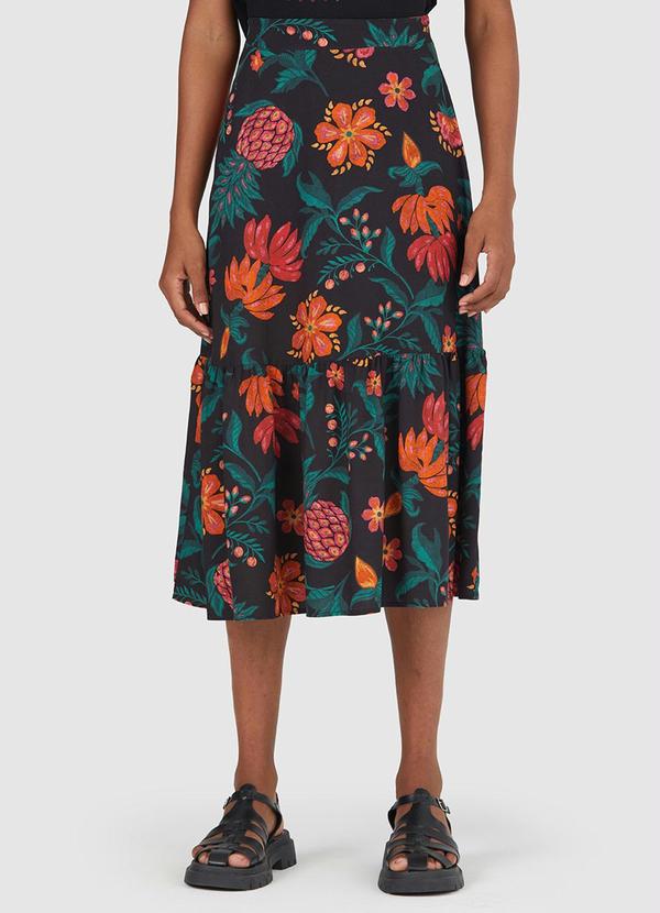 Malwee - Saia Mídi Floral em Viscose Preto