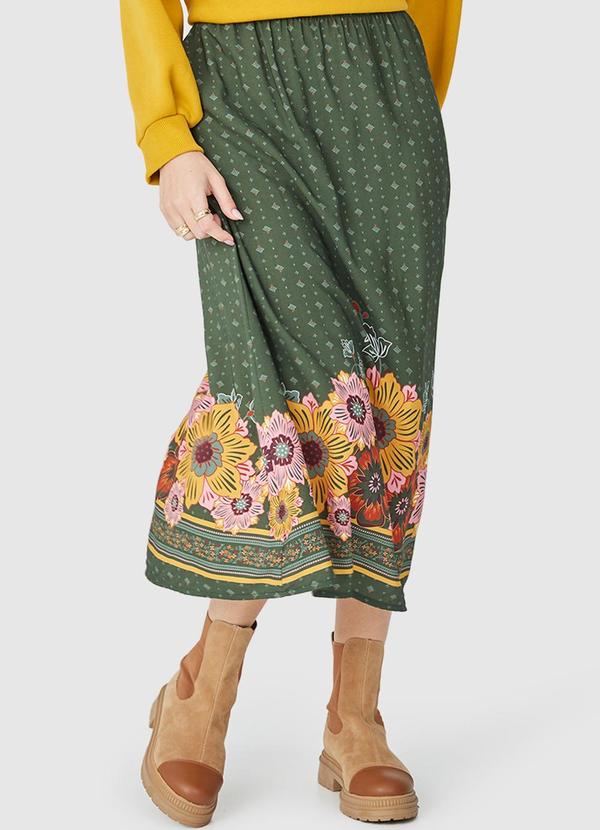 Malwee - Saia Midi Floral em Viscose Verde