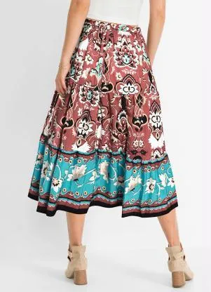 bonprix - Saia Midi Floral Étnico Bordô - BONPRIX