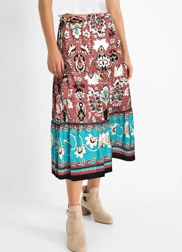 bonprix - Saia Midi Floral Étnico Bordô