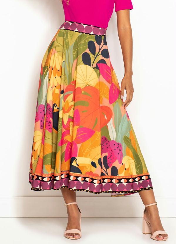 Farm - Saia Midi Godê de Viscose Bossa de Tucano Estampada