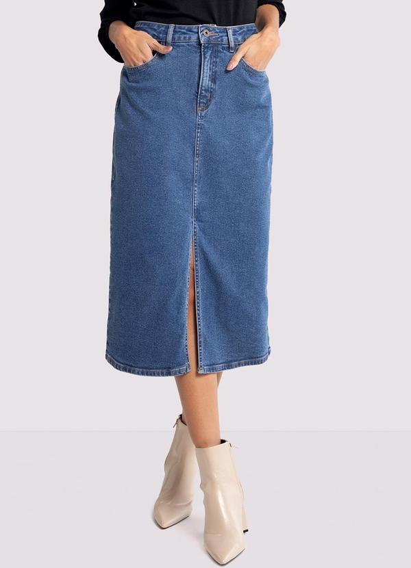 Lunender - Saia Midi Jeans Chapa Barriga com Fenda Jeans