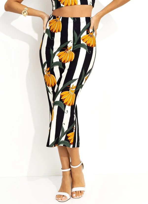 Farm - Saia Midi Listra de Bananana Preto