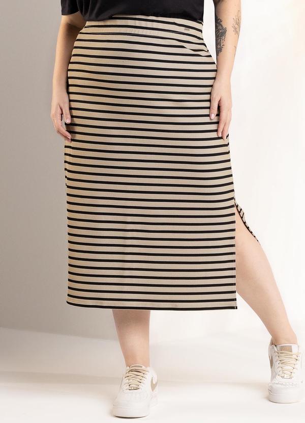 Marialícia - Saia Midi Listrada Bege