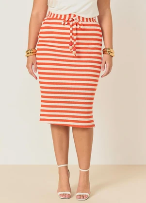 Elegance - Saia Midi Listrada com Bolsos Faca Branco - ELEGANCE