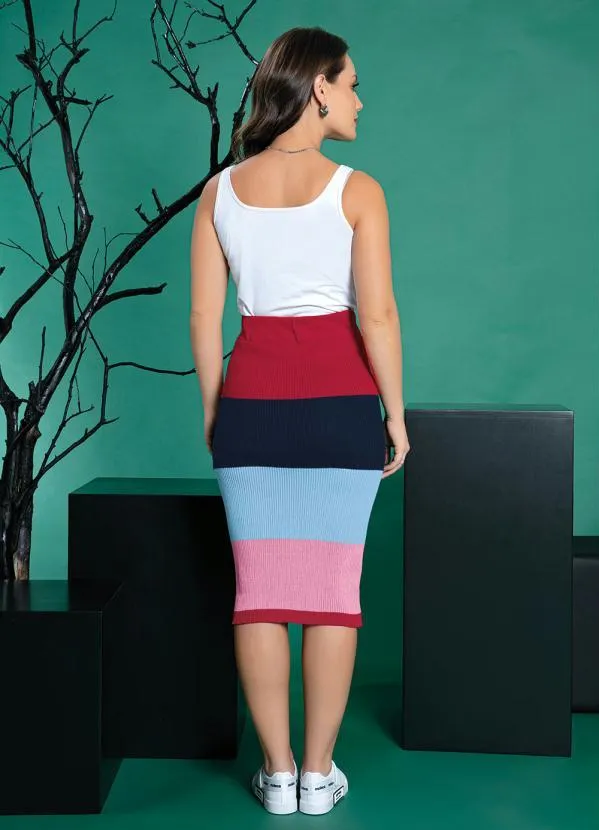 Queima Estoque - Saia Midi Listrada Justa em Tricô 4