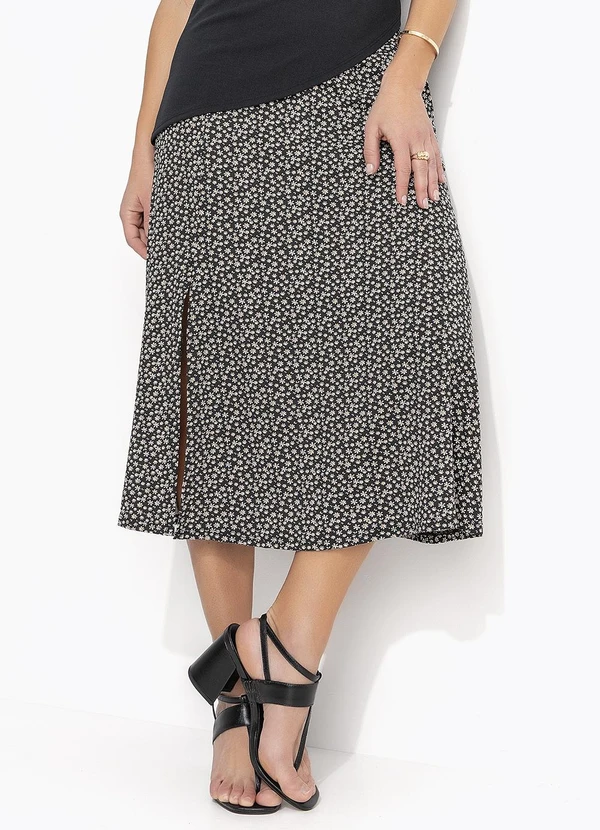 Quintess - Saia Midi Margaridas com Bolsos e Fenda