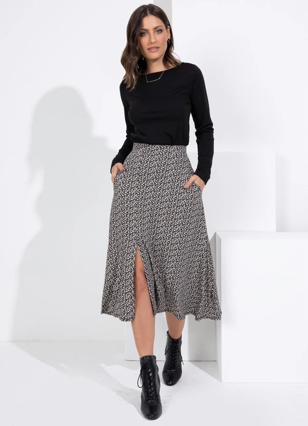 Quintess - Saia Midi Margaridas com Bolsos e Fenda 11