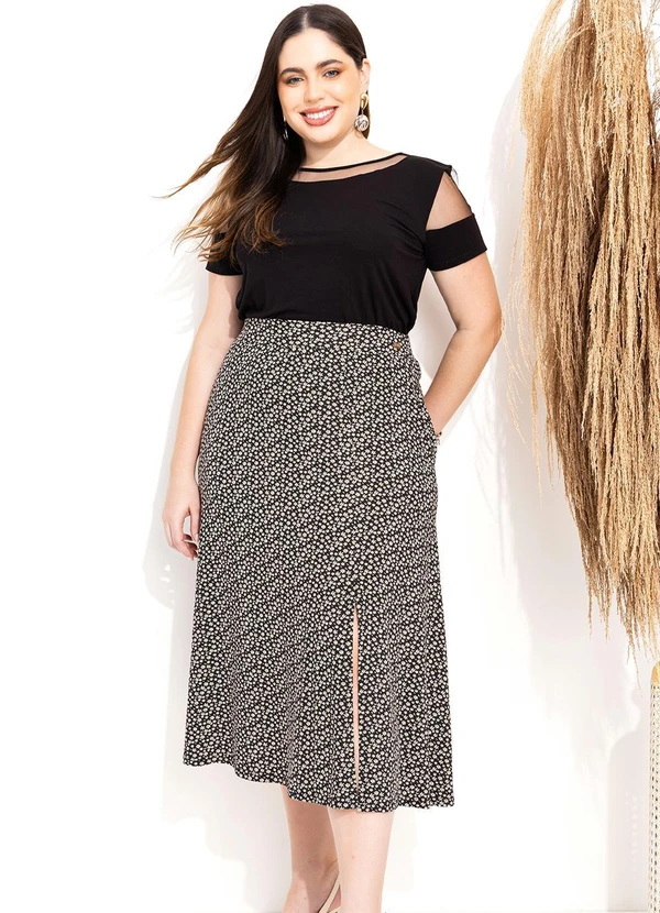 Quintess - Saia Midi Margaridas com Bolsos e Fenda 19