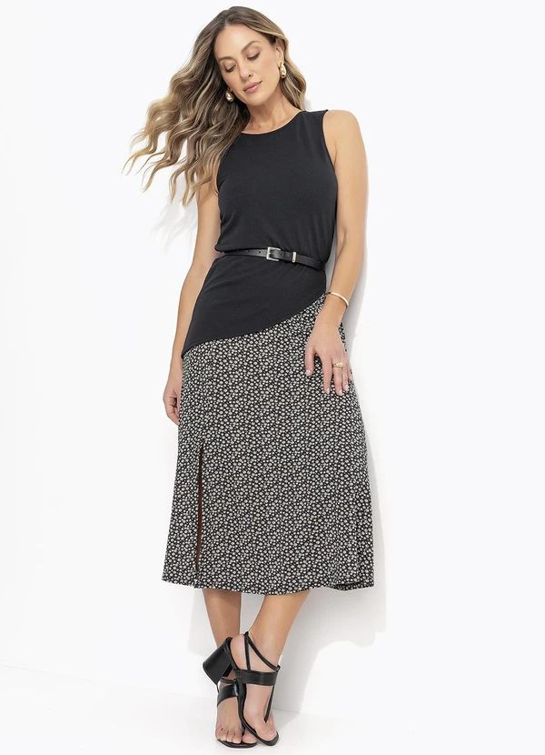 Quintess - Saia Midi Margaridas com Bolsos e Fenda 3