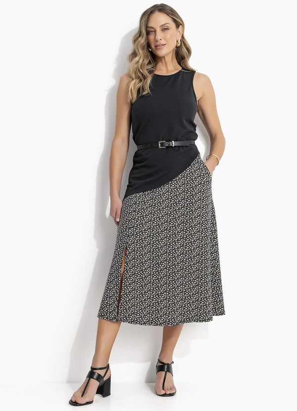 Quintess - Saia Midi Margaridas com Bolsos e Fenda 7