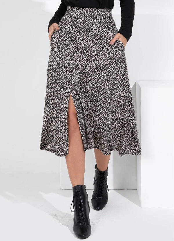 Quintess - Saia Midi Margaridas com Bolsos e Fenda 9