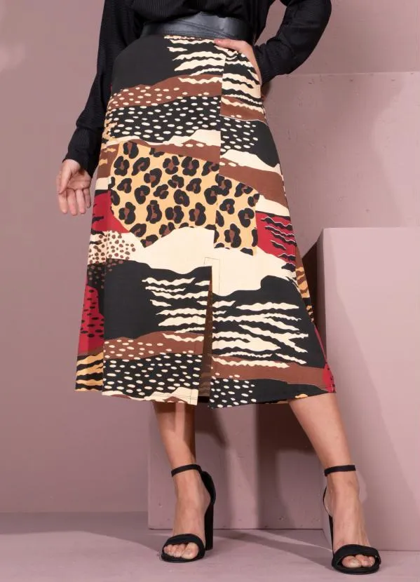 Quintess - Saia Midi Onça Étnico com Fenda
