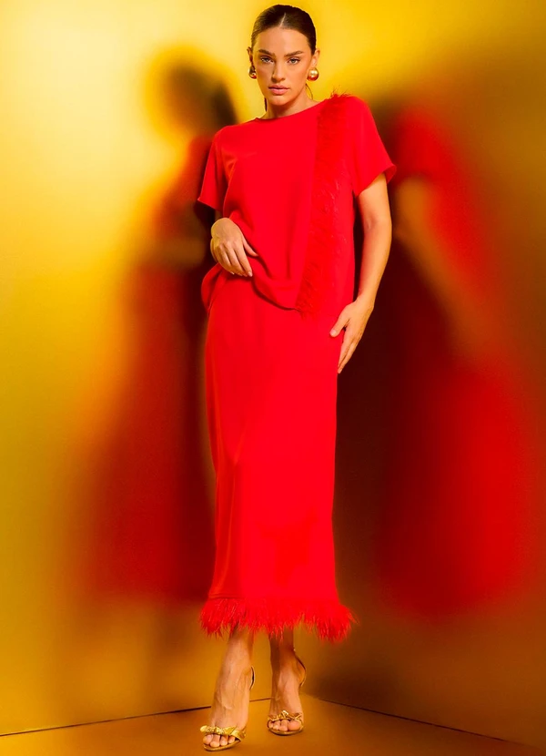Carlota Costa - Saia Midi Plumas Vermelho 2