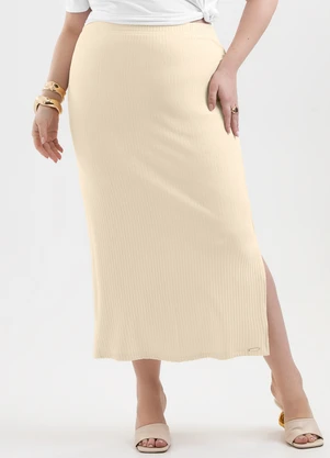 Cativa - Saia Midi Plus Size em Canelado Bege - CATIVA