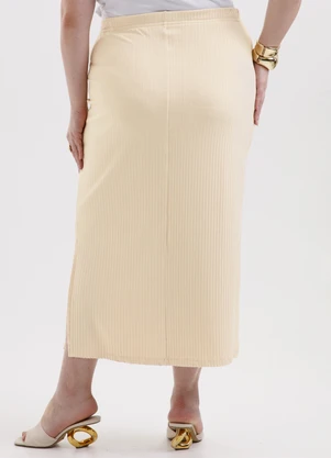 Cativa - Saia Midi Plus Size em Canelado Bege - CATIVA