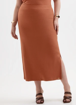 Cativa - Saia Midi Plus Size em Canelado Laranja - CATIVA