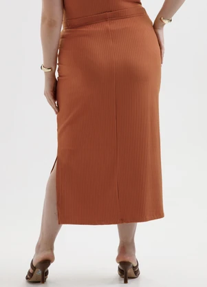 Cativa - Saia Midi Plus Size em Canelado Laranja - CATIVA