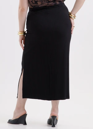 Cativa - Saia Midi Plus Size em Canelado Preto - CATIVA