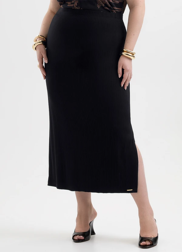 Cativa - Saia Midi Plus Size em Canelado Preto