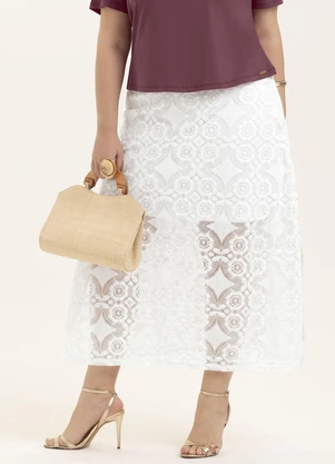 Cativa - Saia Midi Plus Size em Renda Branco - CATIVA